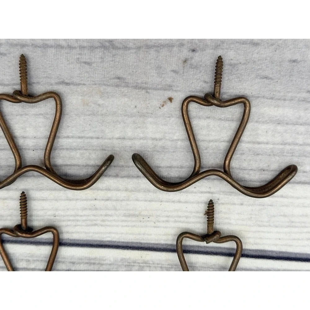 LOT OF 6 ANTIQUE BENT WIRE SCREW IN OVERHEAD / UNDER COUNTER  COAT HOOKS